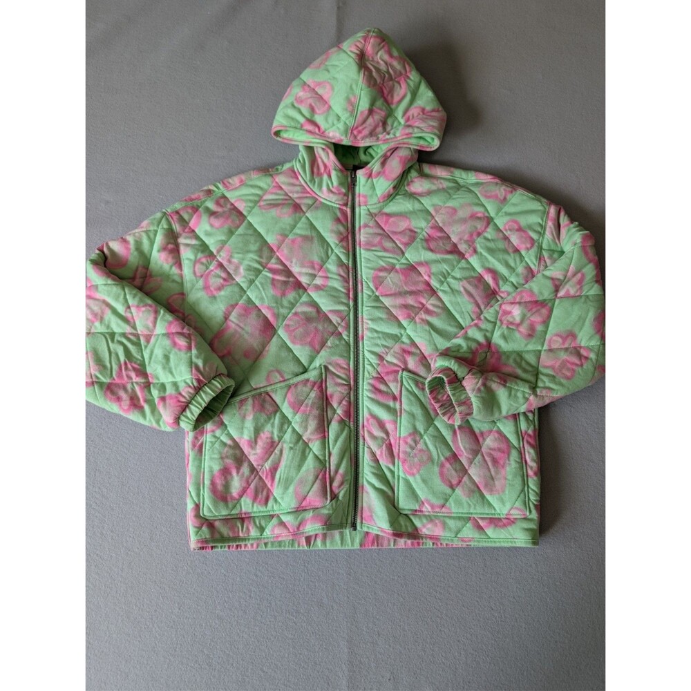 Mint Green Pink Floral Quilted Hooded Puffer Statement Jacket Zip Up Size L - Picture 6 of 11